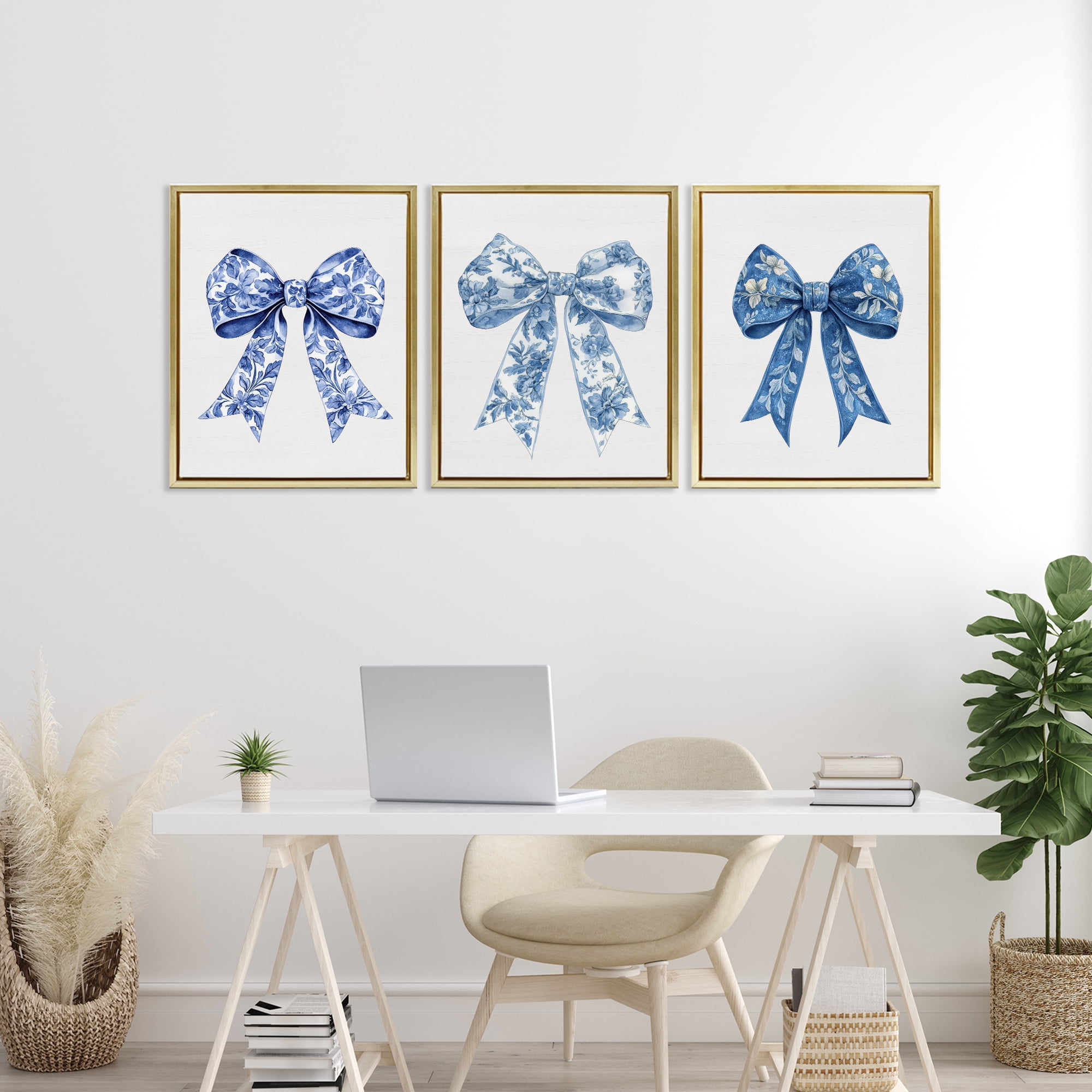 Vintage Toile Pattern Bows 3 Piece Gold Framed Floater Canvas Set, design by Lettered and Lined