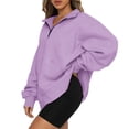 thumbnail image 2 of Xmarks Women Fashion Long Sleeve Quarter Zip Sweatshirt Drawstring Half Zipper Casual loose Pullover Tops with Pockets Purple XL, 2 of 5