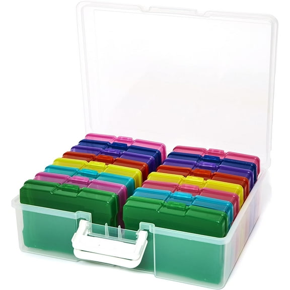 Transparent 4" x 6" Photo Cases and Clear Craft Keeper with Handle - 16 Inner Cases Plastic Storage Container Box (Multi-colored)