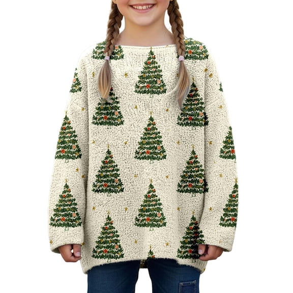 Girls Loose Long Sleeve Crew Neck Knit Sweater Christmas Tree Graphic For Fall Winter Daily Layering Wear