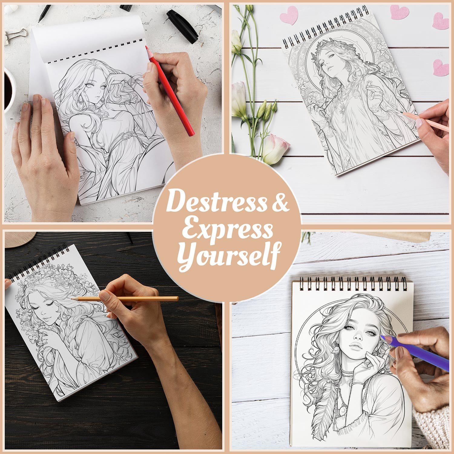Netecom Nymph Coloring Book Spiral Bound for Adults, A5 Wooden Cover, 30 Enchanting Coloring Pages of Mythical Beauties for Stress Relief and Relaxation