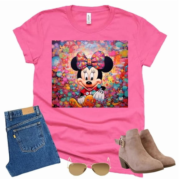 Minnie Colorful Paint Drops Graphic T-Shirt (Dk Pink-2X Large)