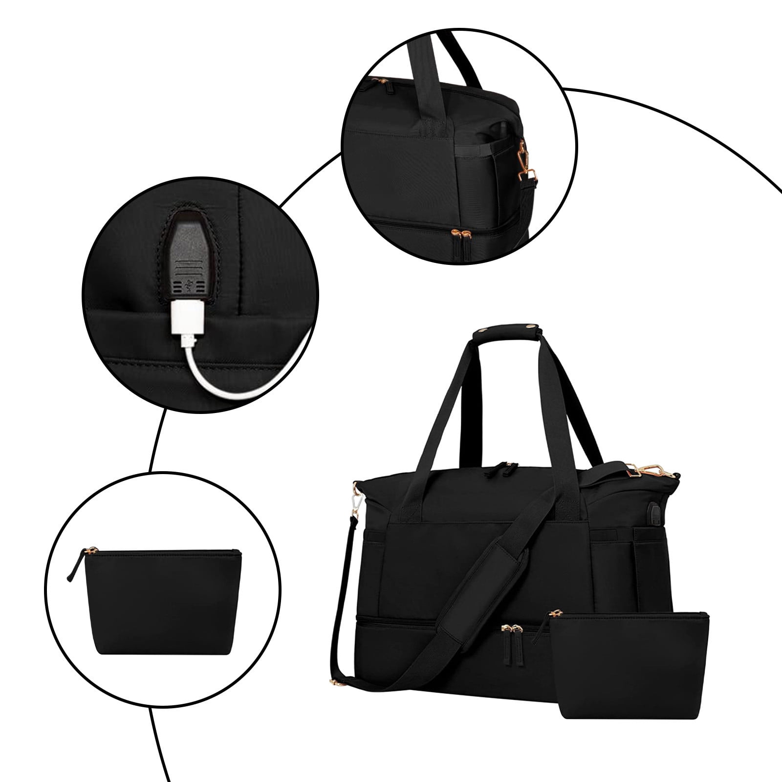 LACKUST Women's Travel Duffel, Weekender Overnight, Gym Tote, Shoe & Wet Pocket, Carry On, USB Charging,Black