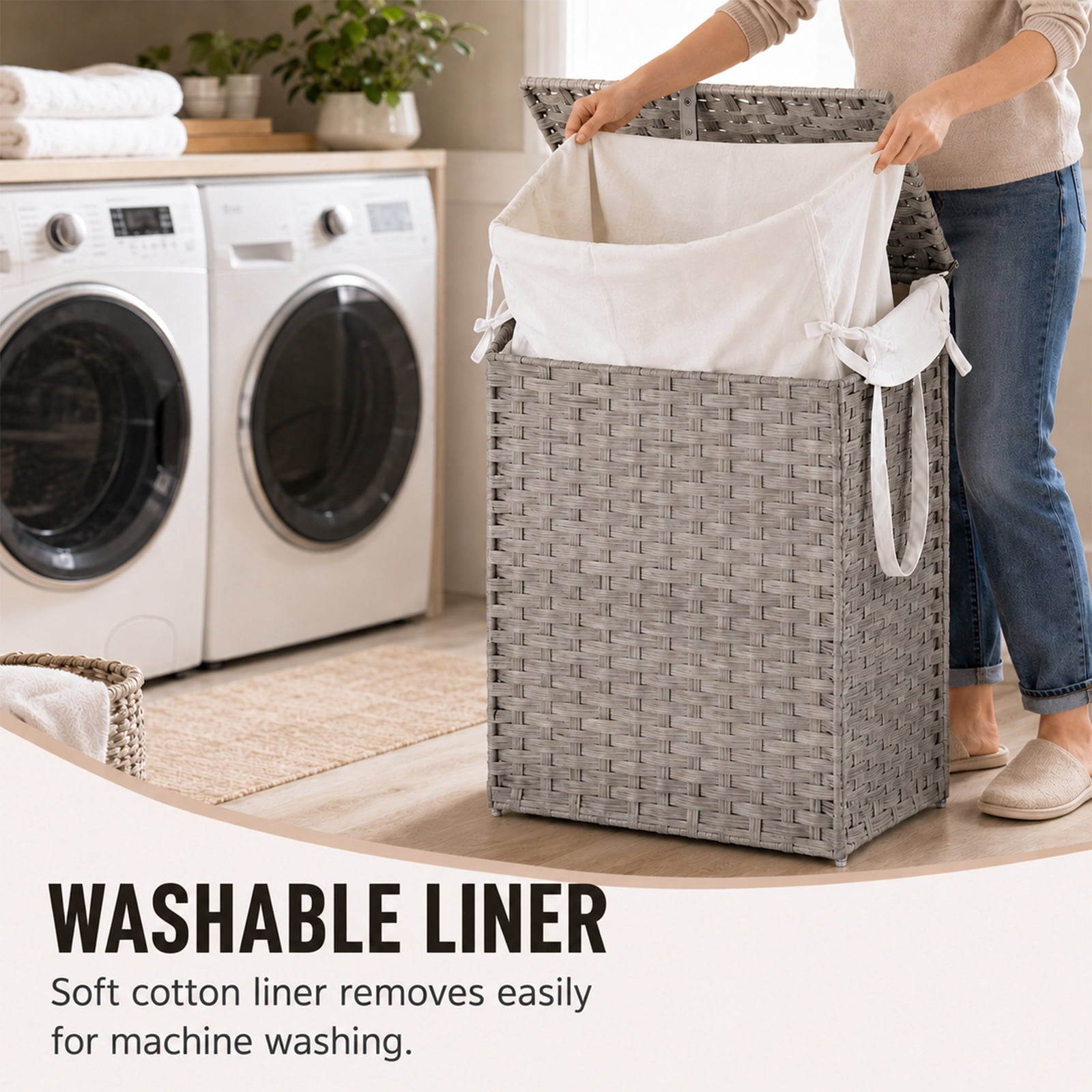 Alvantor 90L/110L Laundry Hamper with Lid, No Install Needed, Synthetic Rattan Clothes Laundry Basket with Lid and Handles, Foldable, Removable Liner, with Handles