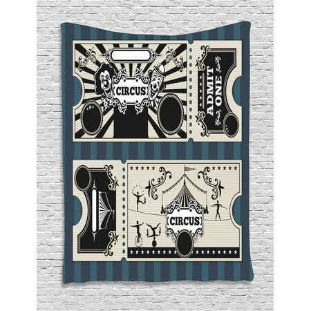 Circus Tapestry, Ticket Designs with Admit One Lettering Clowns and Acrobat Silhouettes, Wall Hanging for Bedroom Living Room Dorm Decor, Petrol Blue and Eggshell, by (Best Place To Sell Sports Tickets)