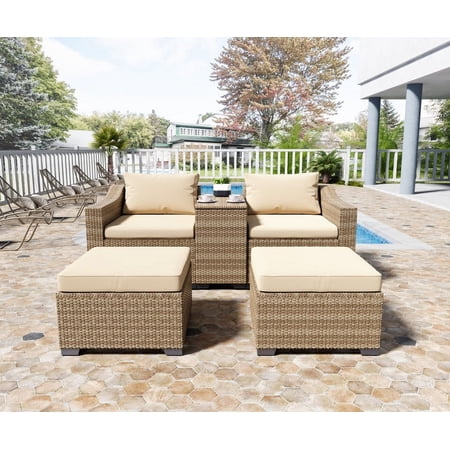 LHBcraft Outdoor 5 Piece Modular Outdoor Set Wicker Patio Furniture Conversation Sofa Set Yellow Beige