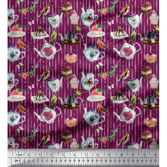 Soimoi Cotton Poplin Fabric Bird,Tea Kettle & Cupcake Food Decor Fabric Printed Yard 56 Inch Wide