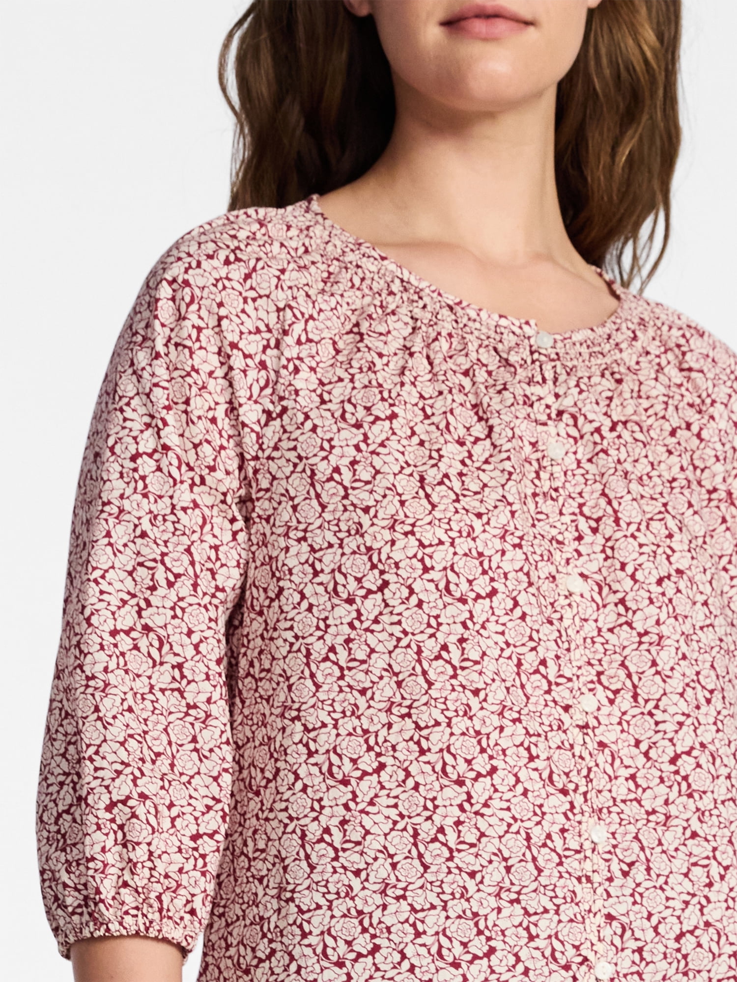 Time and Tru Women's Cotton Button Front Blouse with ¾ Length Sleeves, Sizes XS-XXXL