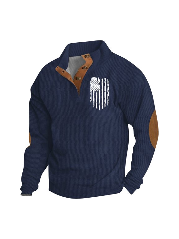 Mens Corduroy Long Sleeve Tee Shirts Casual Pattern Stand Collar Button Down with Elbow Patch Plus Size Navy Size 2XL