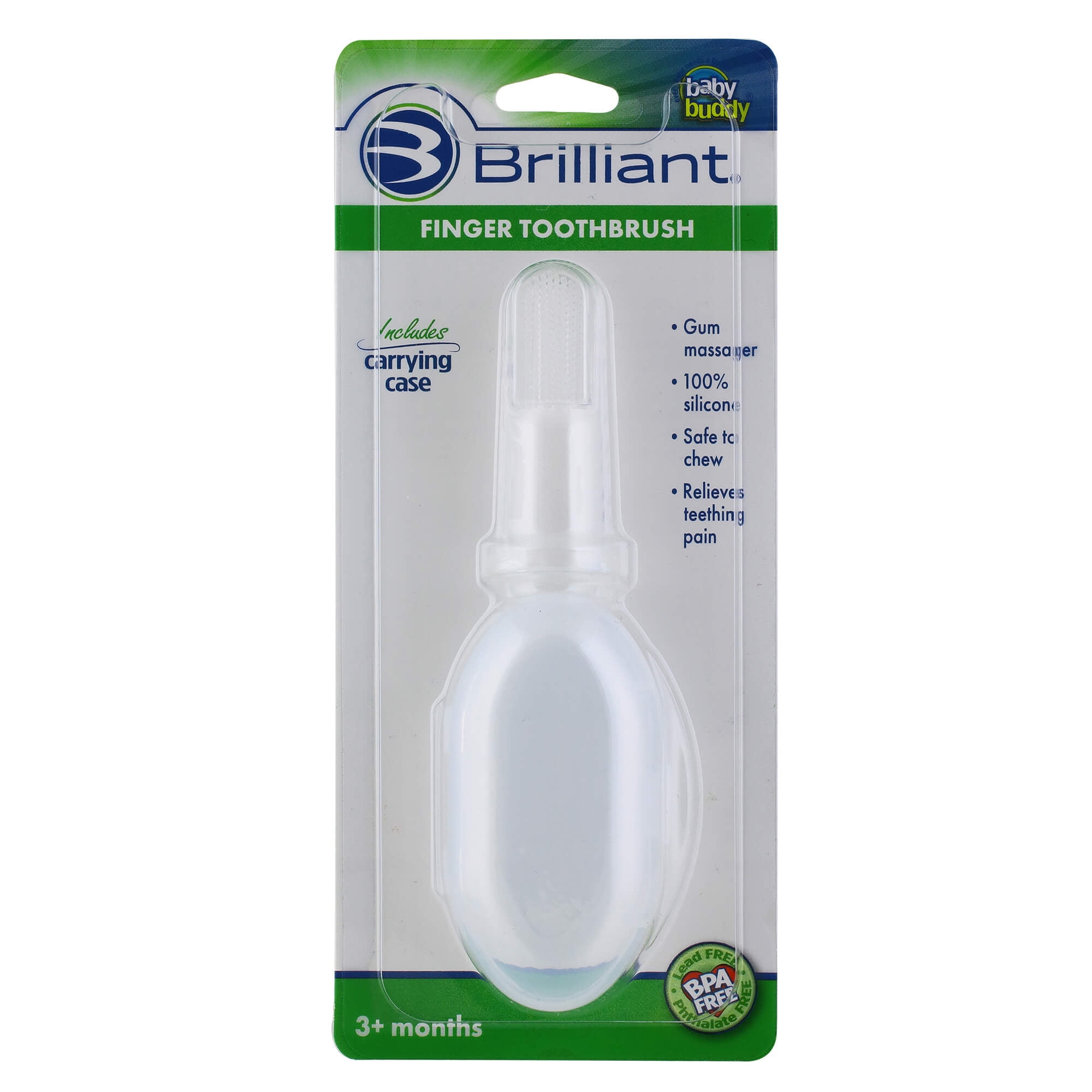 Brilliant Baby Finger Toothbrush with Case, Soft Silicone Gum Massager and Teether Brush for Babies and Toddlers - Clear