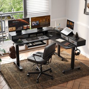 63 L Shaped Standing Desk with Drawers & Dual Motor Electric Height Adjustable Standing Desk | Black