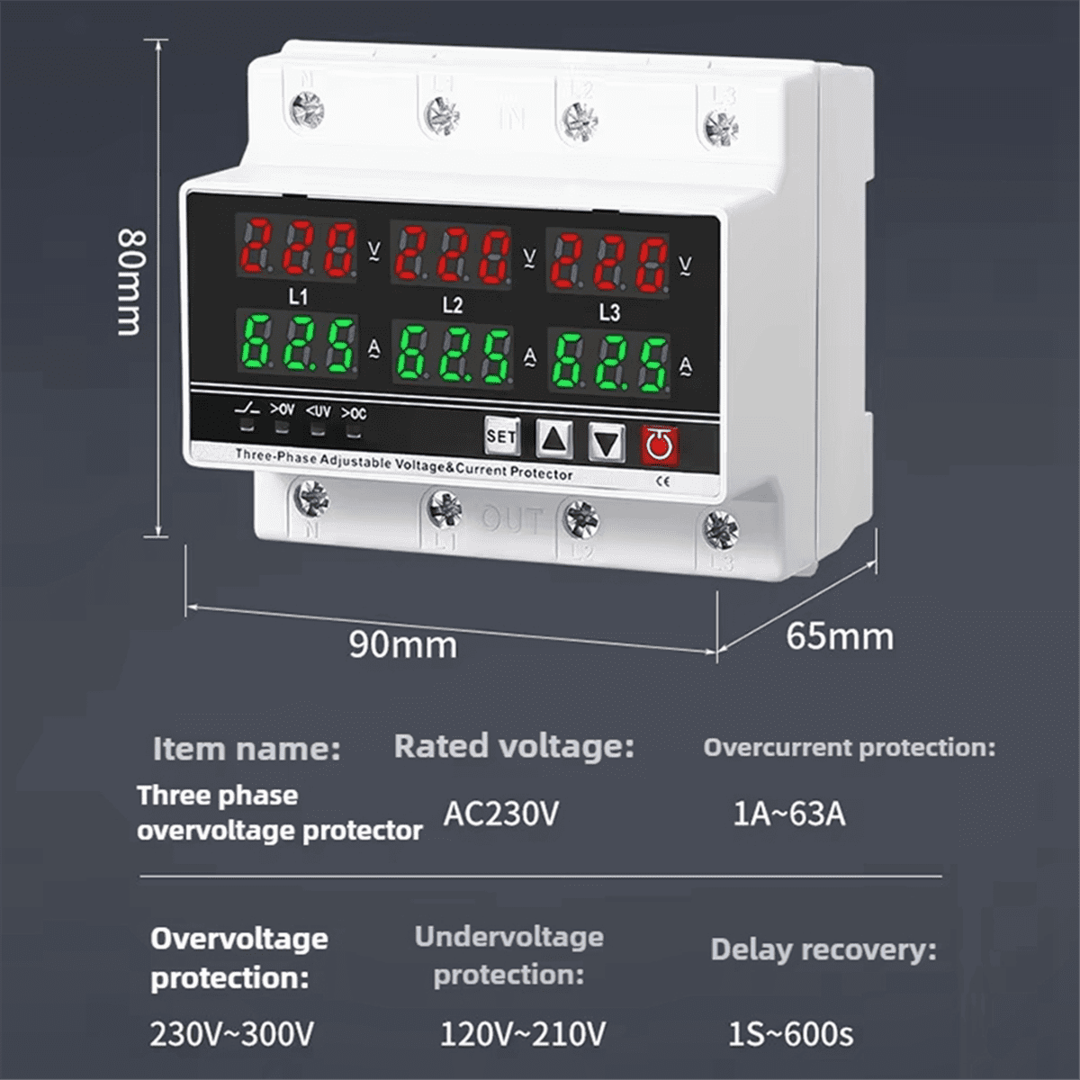 3 Phase Adjustable over and Under Voltage Protector Voltmeter Ammeter Monitor 3P4W Din Rail Current Limit Protection 63A,1 * 3 Phase Over and Under Voltage Protector,White