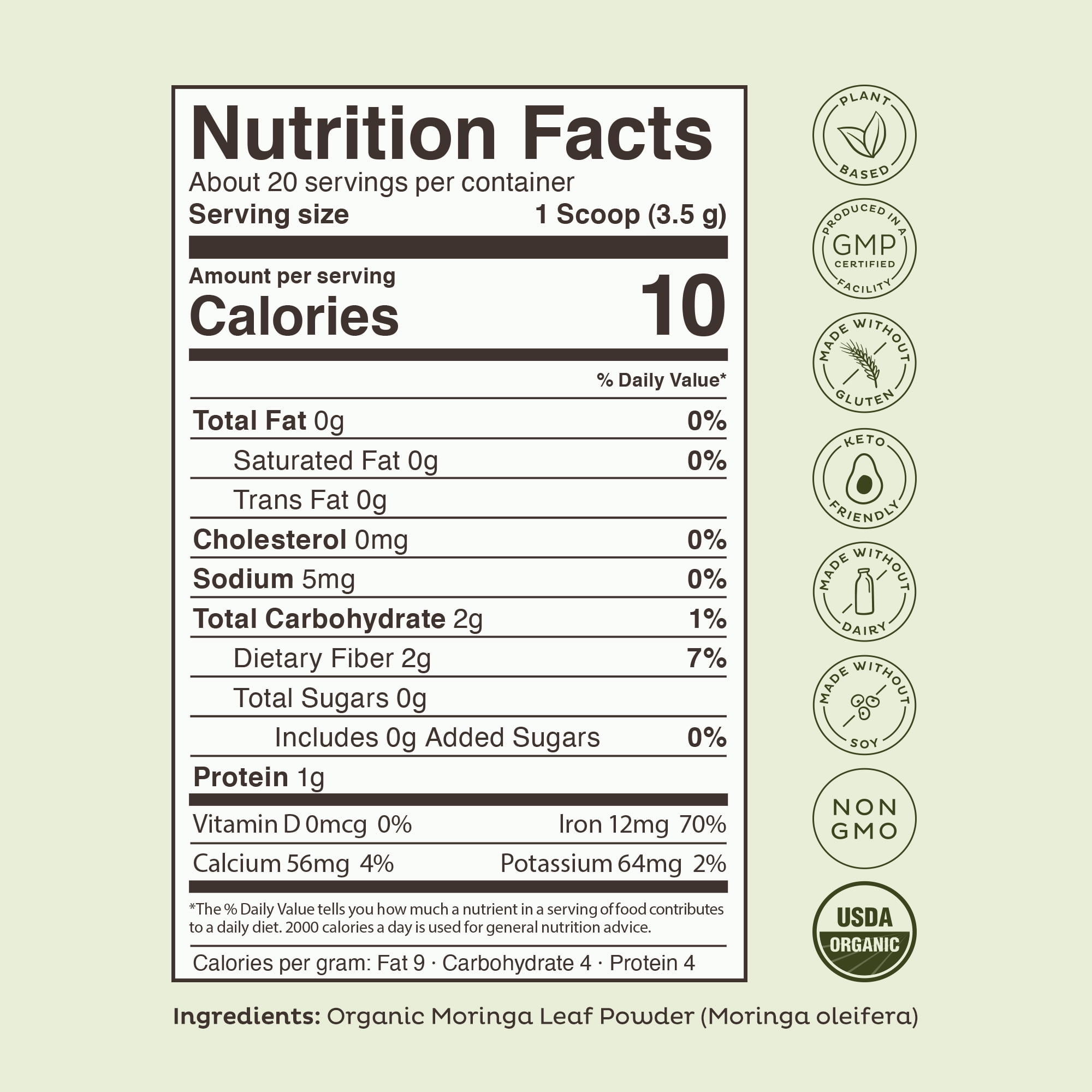 KOS Organic Moringa Powder - Vegan Superfood Booster, Gluten Free, Non GMO - 2.5 oz, 20 Servings
