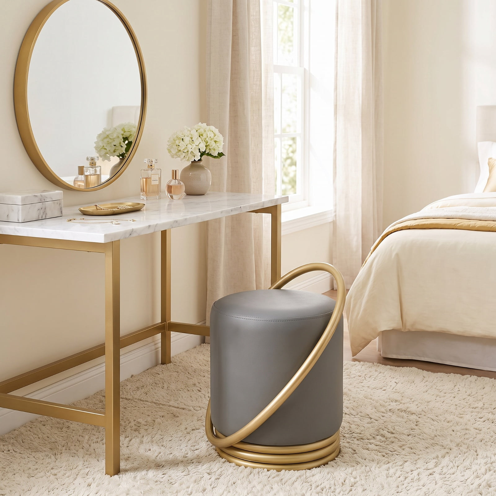 Furnibear Round Vanity Stool with Faux Leather Seat Gold Halo Design Rubber Wood Support and Adjustable Foot Pads for Makeup Room and Bedroom, Grey