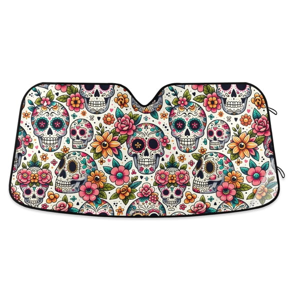 Funny Skulls with Flower Car Windshield Sun Shade Foldable Car Front Window Visor Heat and UV Protection 53x23.5