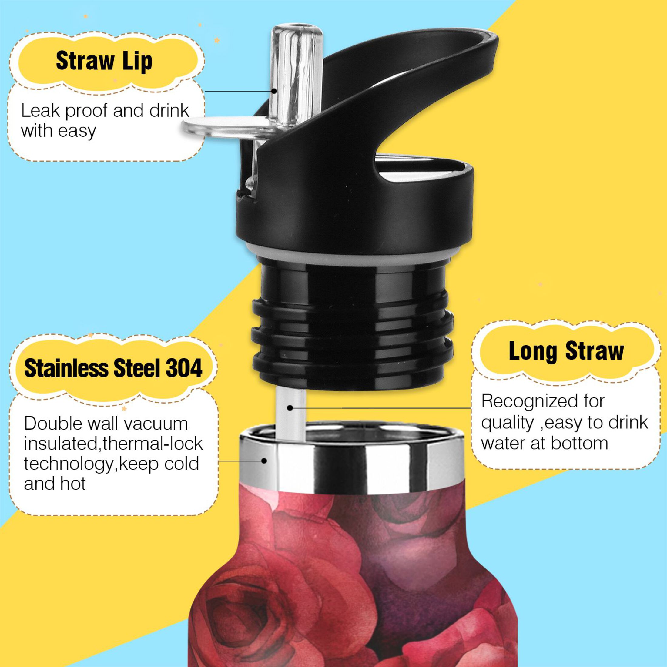 600ML Stainless Steel Insulated Cup Sports Water Bottle Portable Thermos Cup Water Glasses Insulated Tumblers Convenient and Durable Cartoon Red Roses