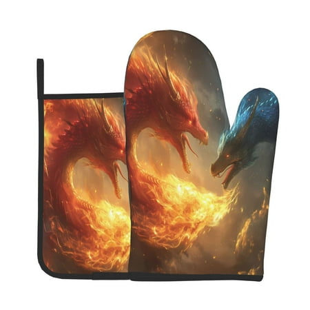 

KLL Red And Blue Fire Dragon B Pattern Oven Mitts and Pot Holders 2pcs Sets for Kitchen Oven Mitt Heat Resistant 536°F Oven Gloves for Kitchen Cooking and Baking
