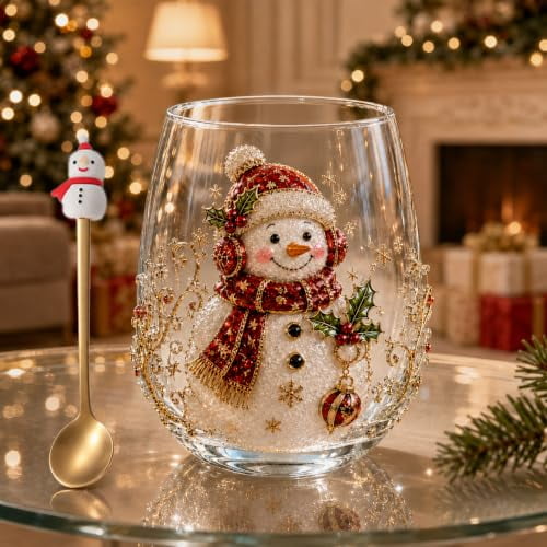 3D Christmas Glass Art Cup, Christmas Cups Glass, Luxury Raised Holiday Glassware for Drinks, 3D Santa Stemless Wine Glasses, Glassware for Coffee, Tea, Juice, Milk