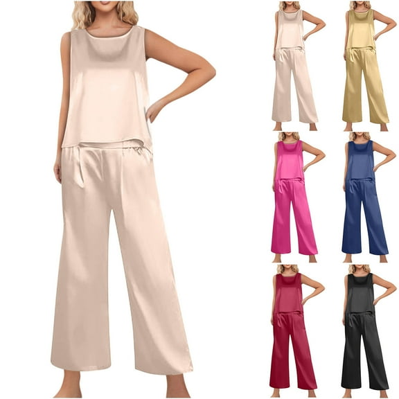 Cmfcve Women's Pajamas Set Casual Sleeveless Top & Long Pants Home Sleepwear Sets Satin Ice Silk Two-Piece Lounge Set