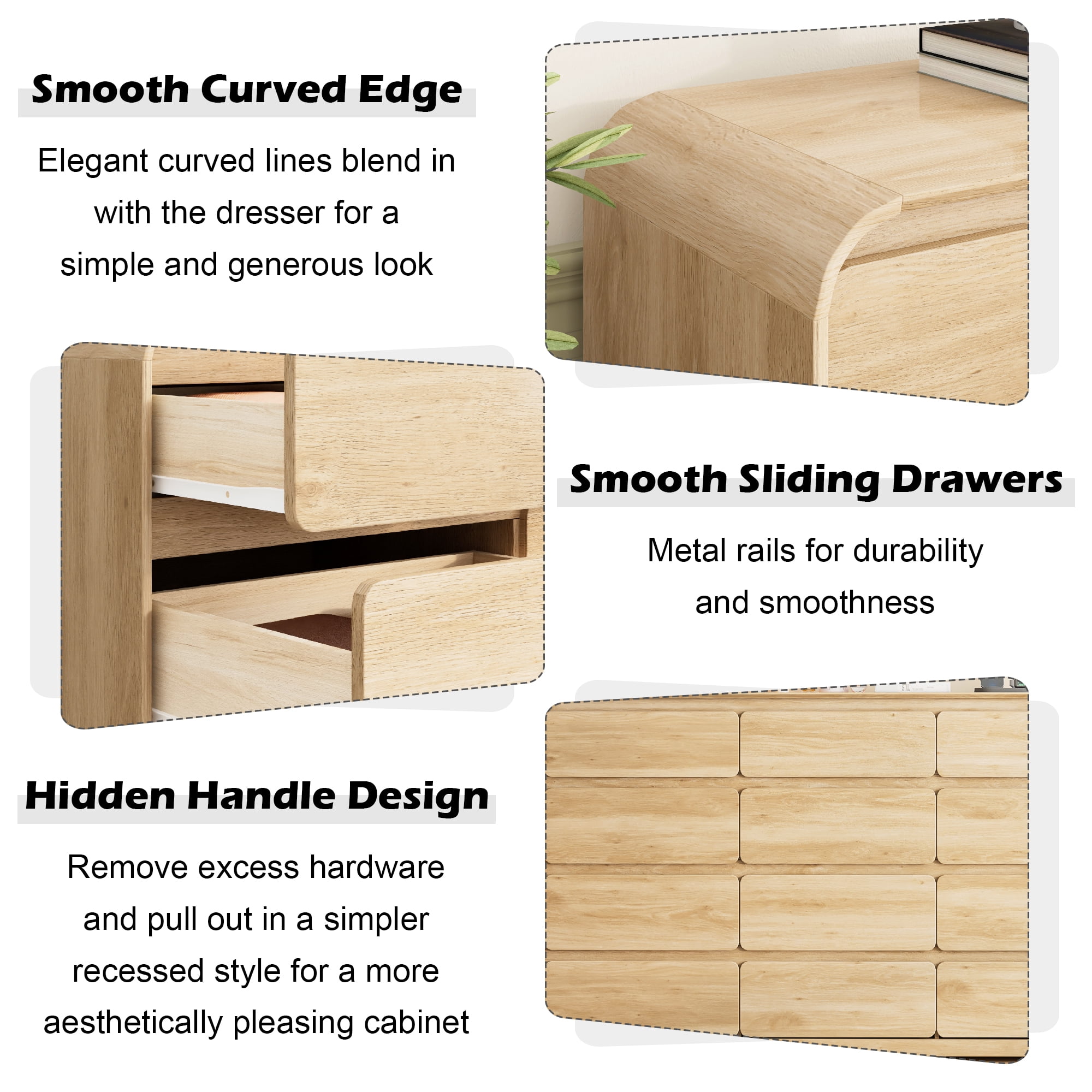 ANPOO 12 Drawers Dresser for Bedroom, 63"W Dressers & Chest of Drawers w/Power Outlet, Curved Design, Wood Mid Century Storage Cabinet, Natural Texture, for Bedroom, Hallway, Oak