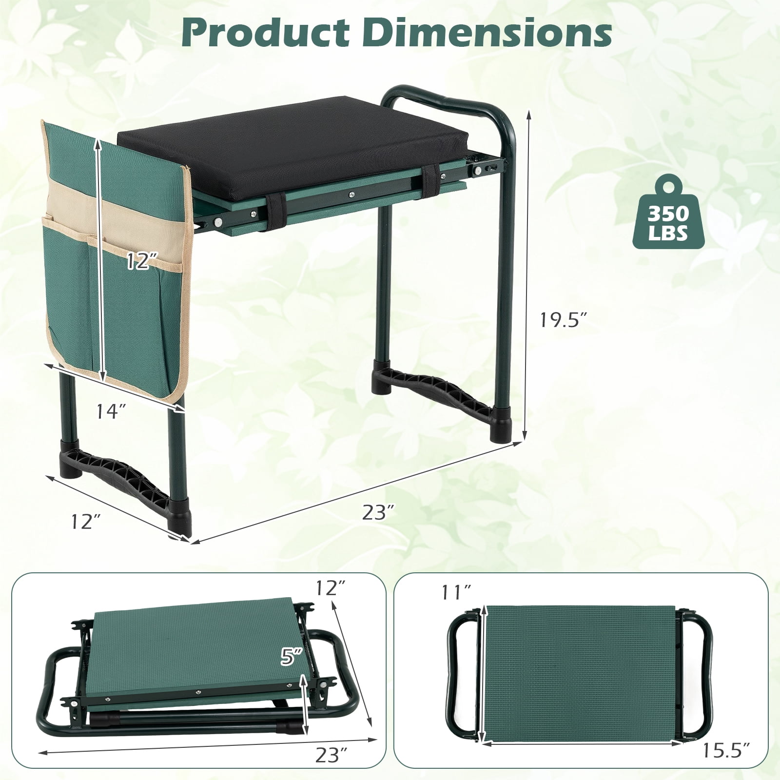 Costway Foldable Garden Kneeler and Seat, 2-in-1 Gardening Bench, Detachable EVA Foam Pad Green