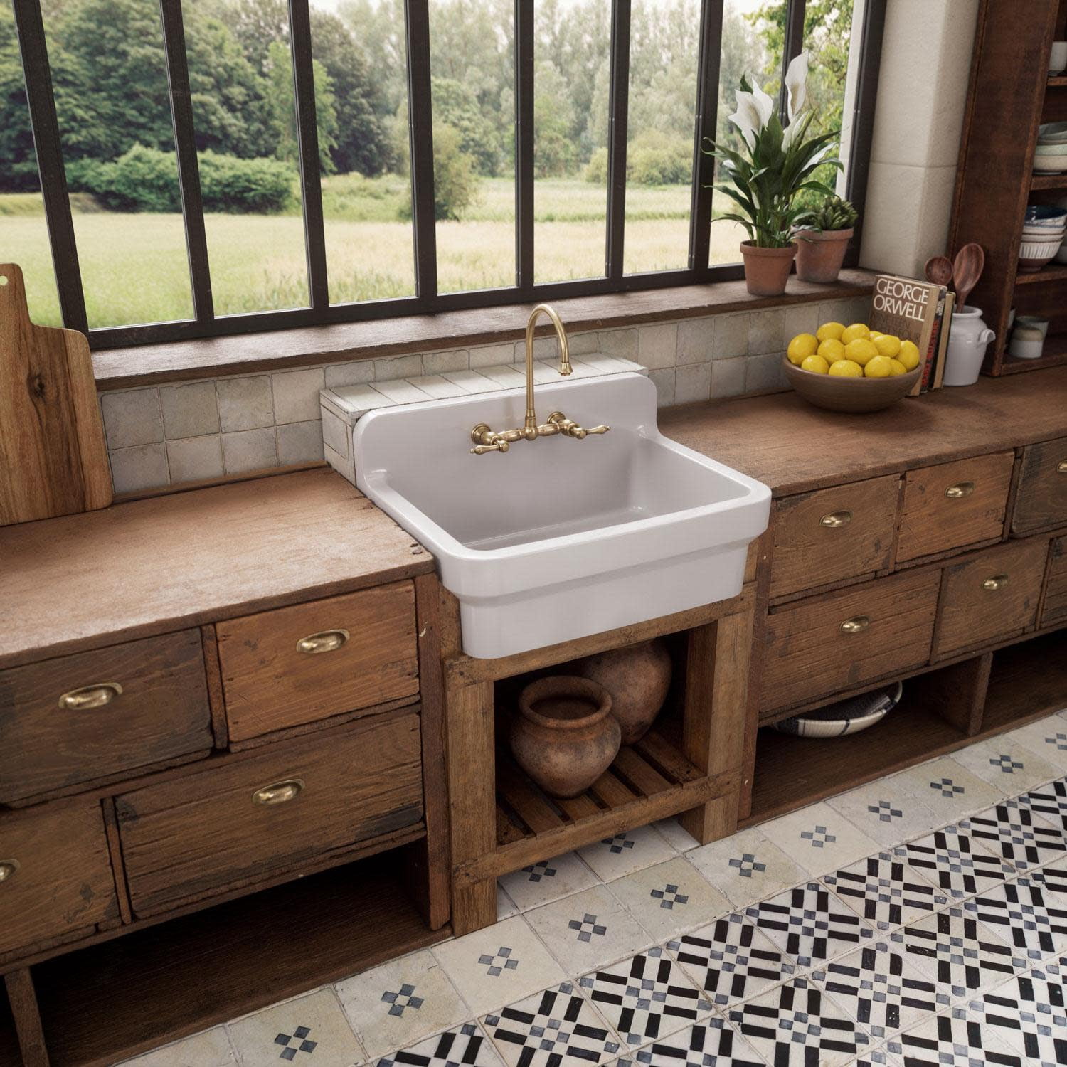 Old Fashioned Country Fireclay Utility Sink with High Backsplash
