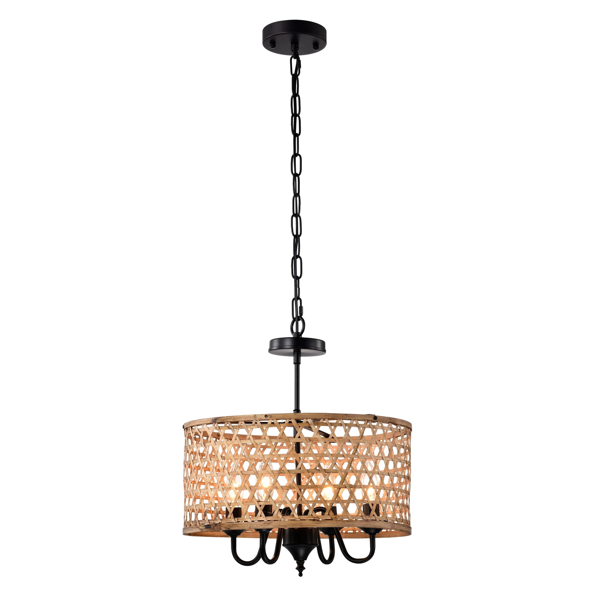 Dora 16 in. 4-Light Indoor Matte Black and Woven Rattan Finish Chandelier with Light Kit