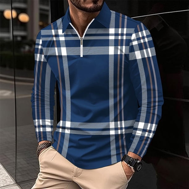 Blusa y camisa de manga larga con cuello vuelto para hombre, informal, con estampado, de manga larga, con solapa y media cremallera, deportiva, de poliéster.