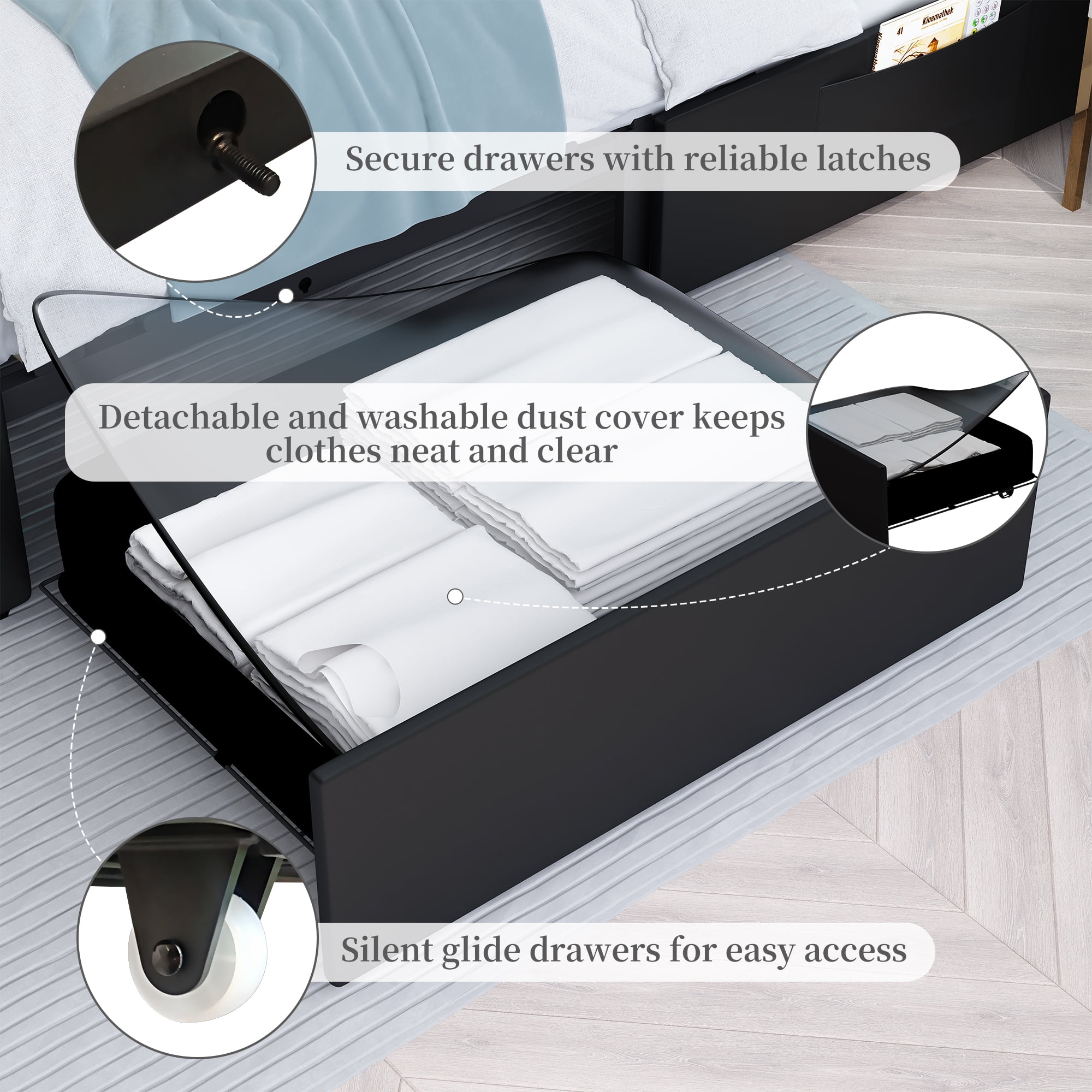 SIBEDS Queen Upholstered LED Bed Frame with 2 Storage Drawers, PU Leather Black Diamond Tufted Headboard, RGB Lights, Noise Free, No Box Spring Needed