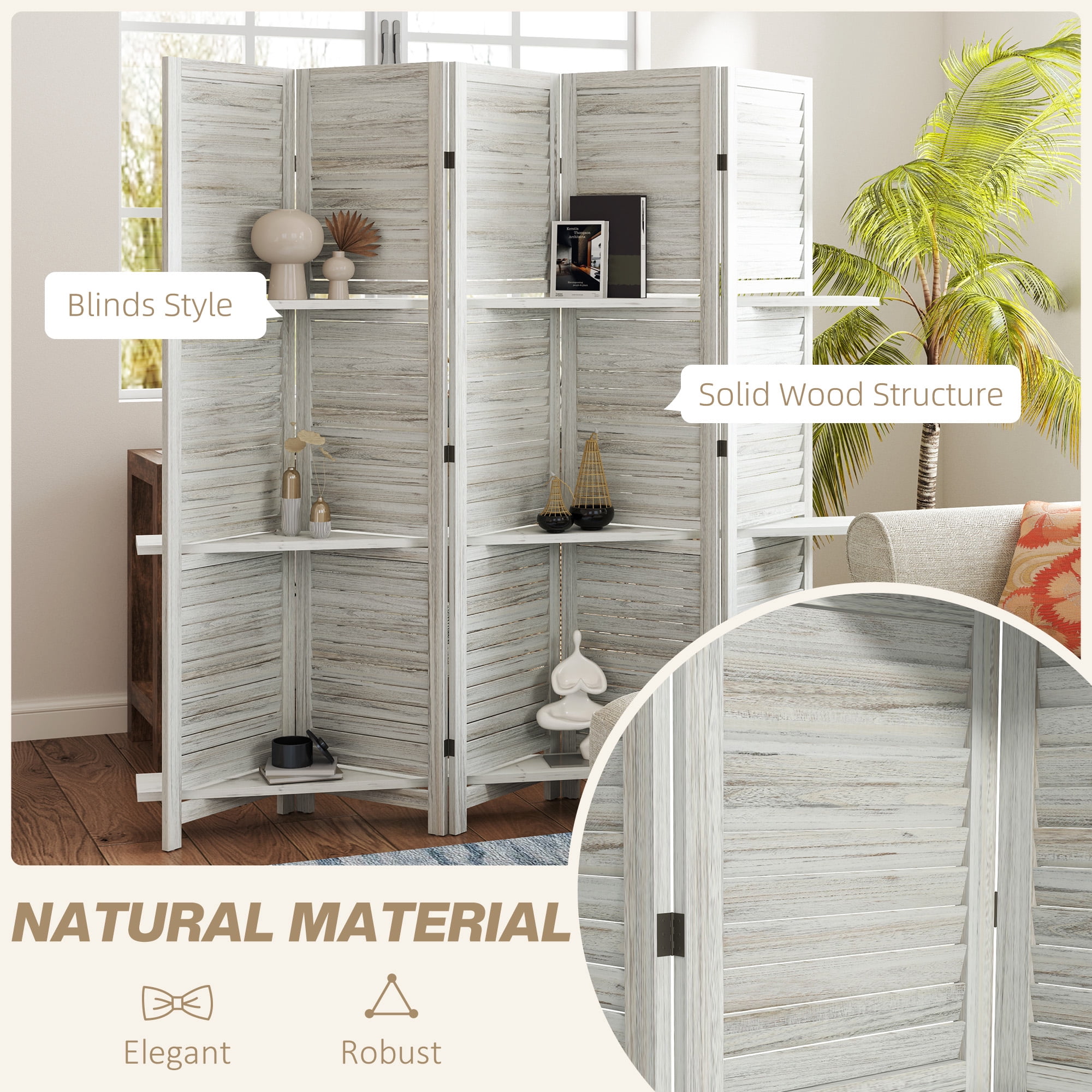 HOMCOM 5 Panel 67" Tall Wood Privacy Screen Room Divider with 3 Display Shelves, and Folding Storage for Bedroom or Home Office, Distressed White