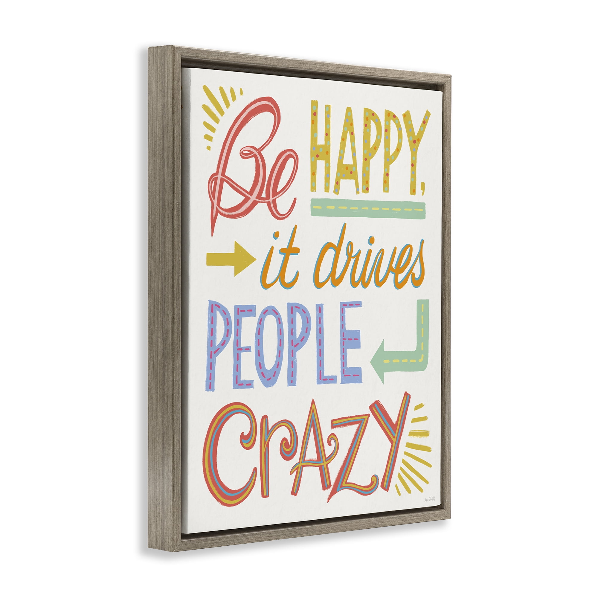 Stupell Industries Bright Be Happy Phrase Typography Painting Brown Floater Framed Art Print Wall Art, 25 x 31