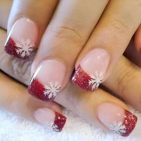 Yoyauz 24 PCS Christmas Fake Nails Shining Red Snowflake Design Short Fake Nails, Christmas Holiday Red Nails Used for DIY Nail Decoration in Winter