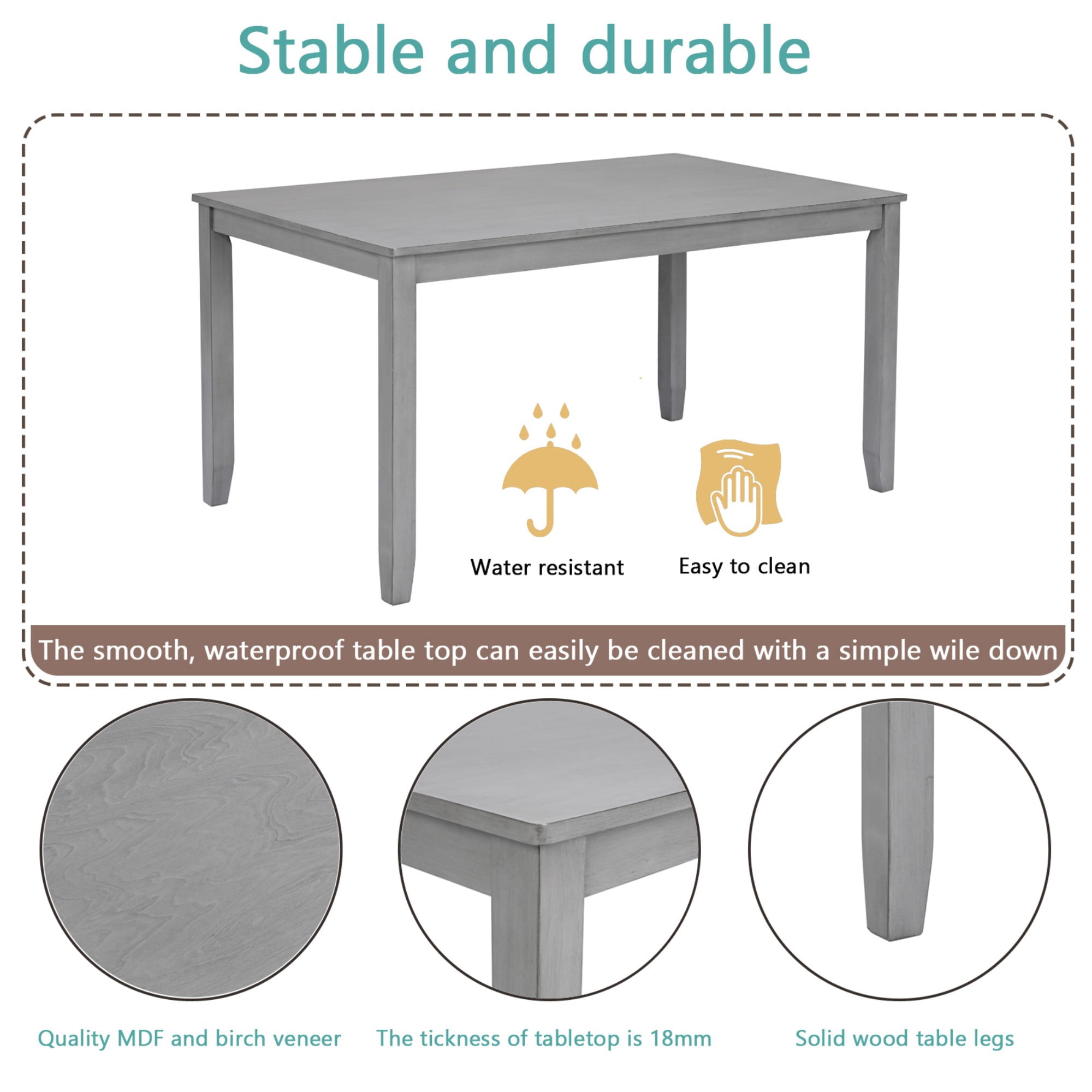 BSHTI 58.5" Acacia Wood & MDF 6-Piece Dining Table Set with Slatted Back Upholstered Chairs and Bench for Kitchen Dining Room(Gray)