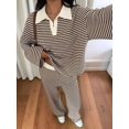 thumbnail image 3 of Womens Sweater Set 2 Piece Outfits Striped Long Sleeve Collared Tops Wide Leg Pants Lounge Sets Brown XL, 3 of 9