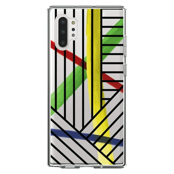 DistinctInk Clear Shockproof Hybrid Case for Galaxy Note 10 PLUS (6.8" Screen) - TPU Bumper, Acrylic Back, Tempered Glass Screen Protector - Abstract Lines and Paint Swatches