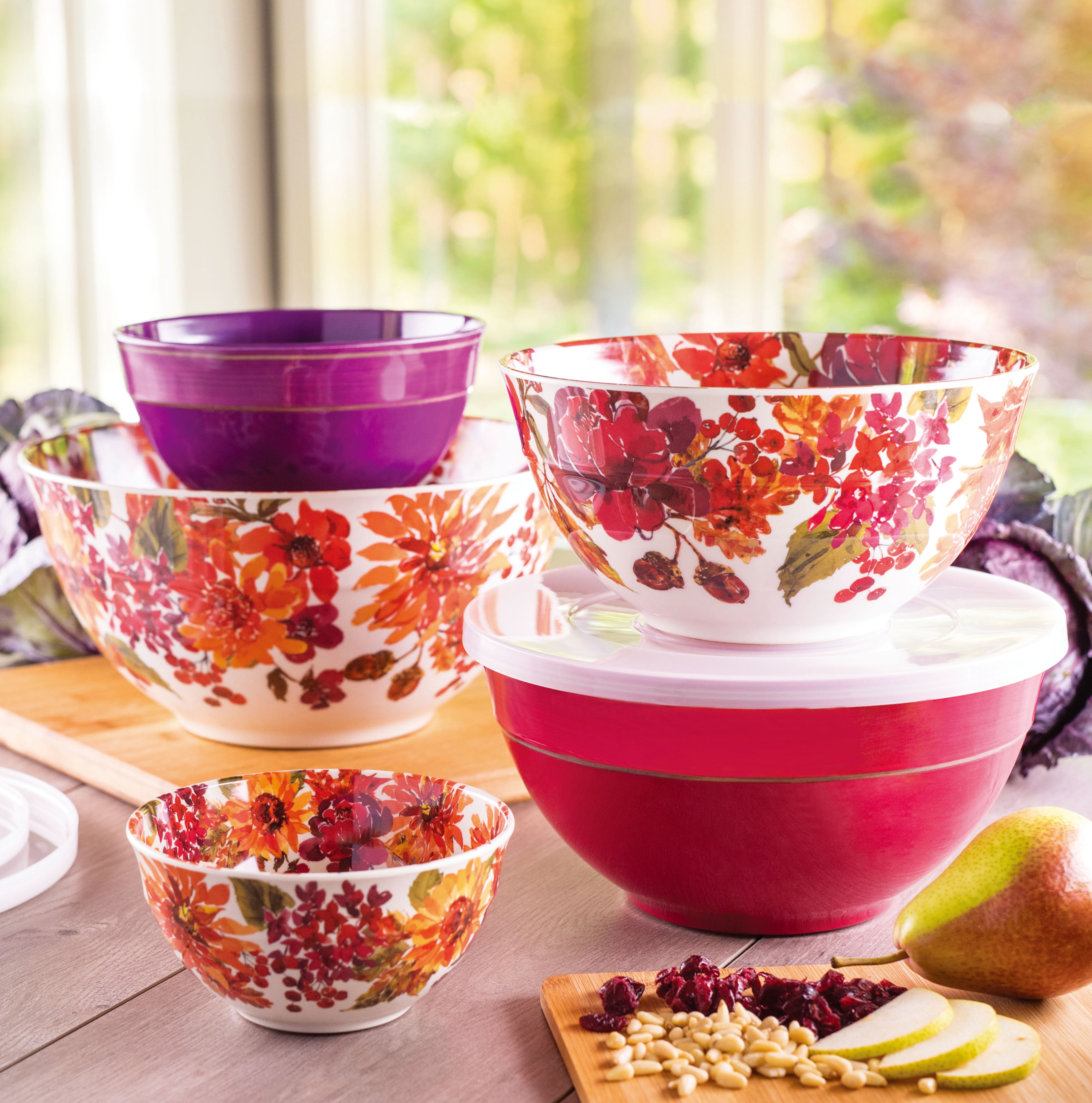 10 Piece Melamine Mixing Bowl Set with Lids, Fall Floral 