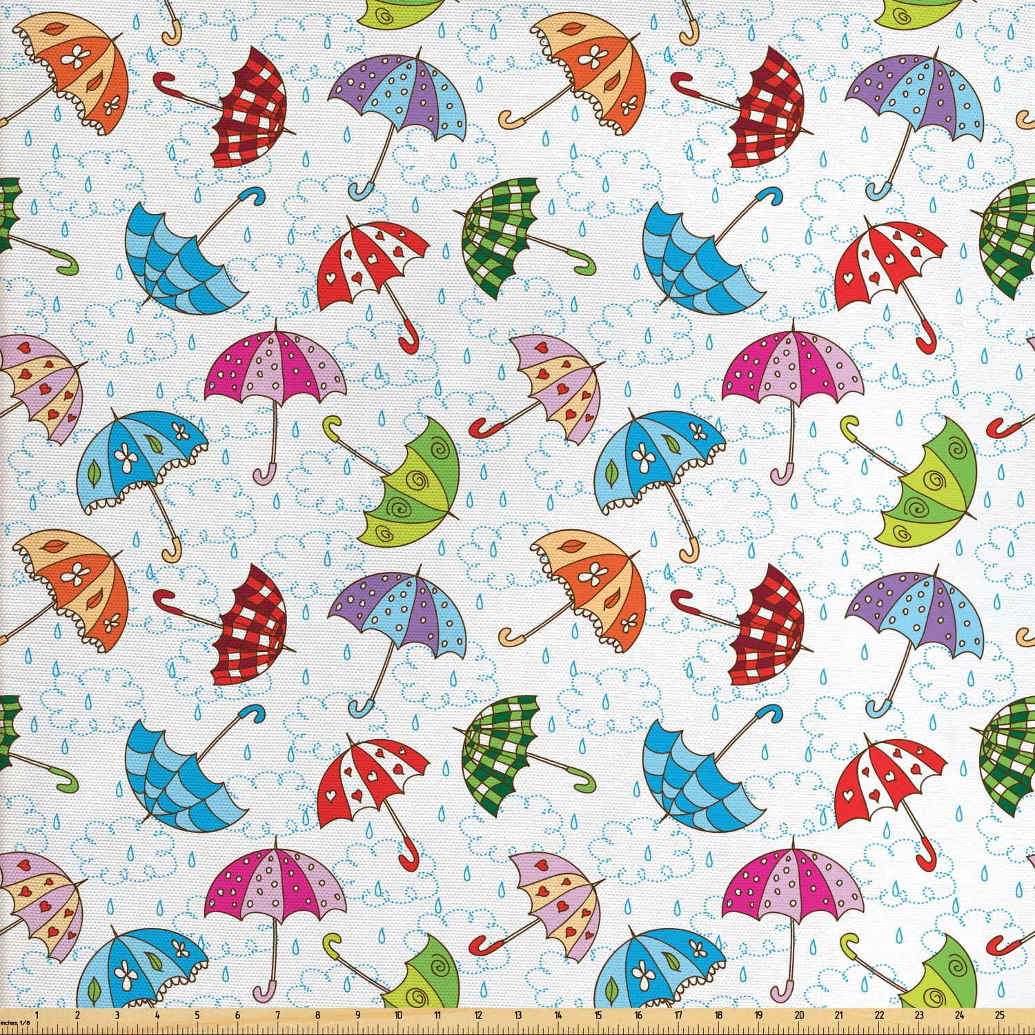 Rain Fabric by The Yard, Colorful Doodle Umbrellas Ornamented with