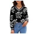 thumbnail image 2 of ICHUANYI Liquidación Moda Mujer Casual Tejer Manga Larga Impresión V-Cuello Tops Blusa Camiseta ICHUANYI WER202308232447, 2 of 6