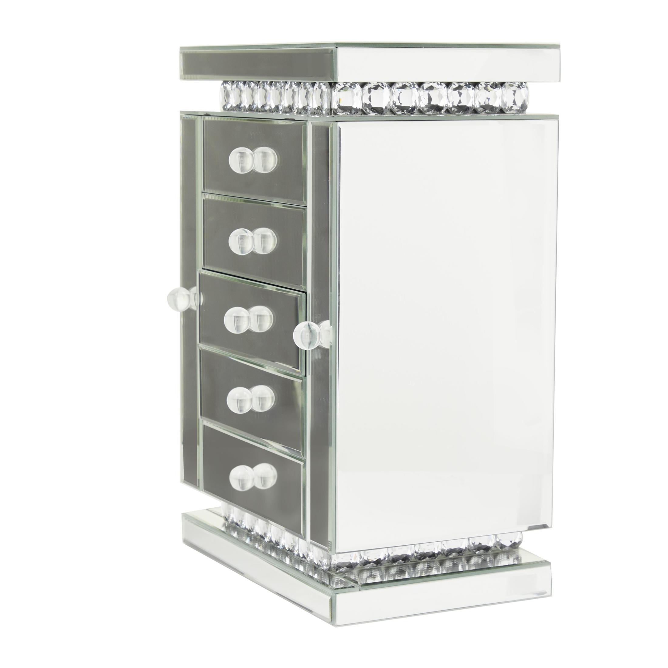 DecMode Mirrored 5 Drawers Silver Wooden Decorative Jewelry Box with Crystal Embellishments