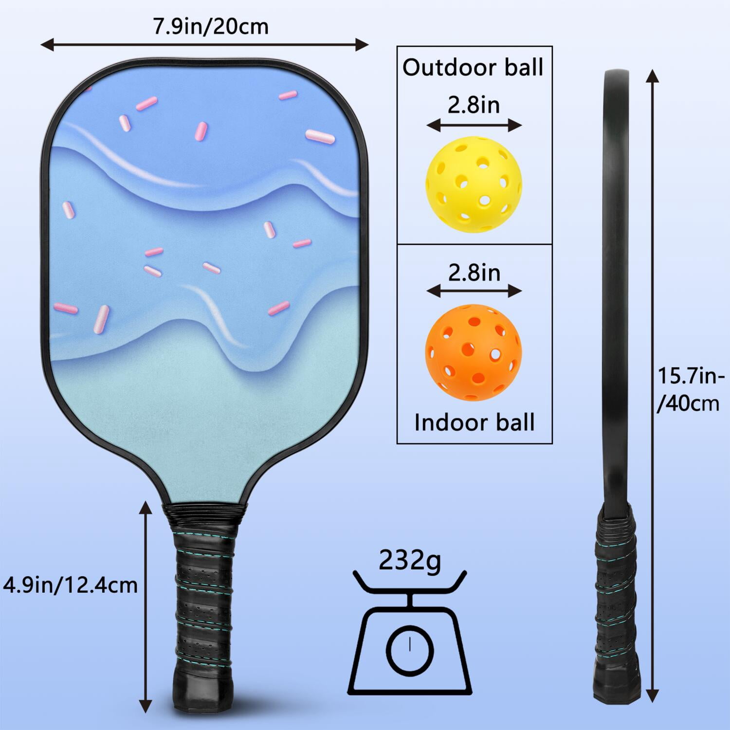 Pickleball Paddles Set Of 1, Fiberglass Surface, Sweet Candy Print, 1 Paddle, 2 Balls & Bag
