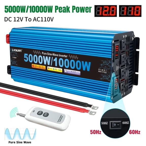 5000W 10000W Peak Pure Sine Wave Power Inverter 12V DC to 110V AC Converter, 60Hz/50Hz, 4 AC Outlets   USB, LED Display, Remote Control for Car, RV, Camping & Home Backup