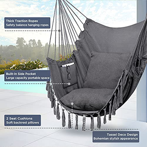 14 Hardwares Grey PETNOZ Large Hammock Chair w/Detachable Metal Support Bar Hanging Chair Max 330 Lbs 2 Seat Cushions Side Pocket Hanging Rope Swing Chair for Indoor/Outdoor/Bedroom/Patio/Yard 