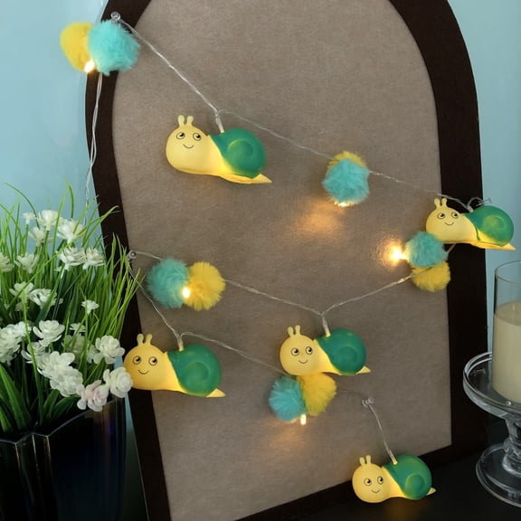 Cute Pom Poms Snail String Lights 5.4FT 10LEDs Green Slug Plush Ball LED Fairy Lights Animal Decor Night Light