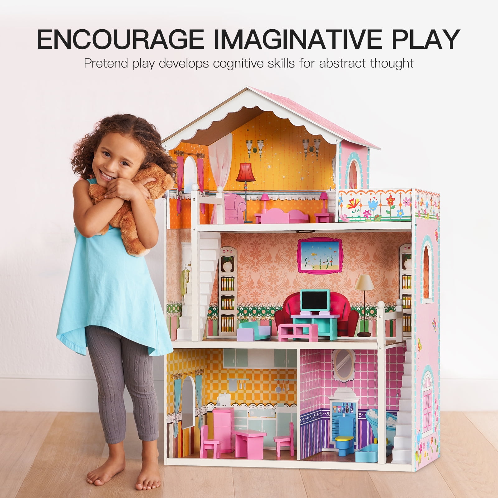 Large Size Kids Doll House Girls Dream Play Playhouse Dollhouse Wooden Game Toy 