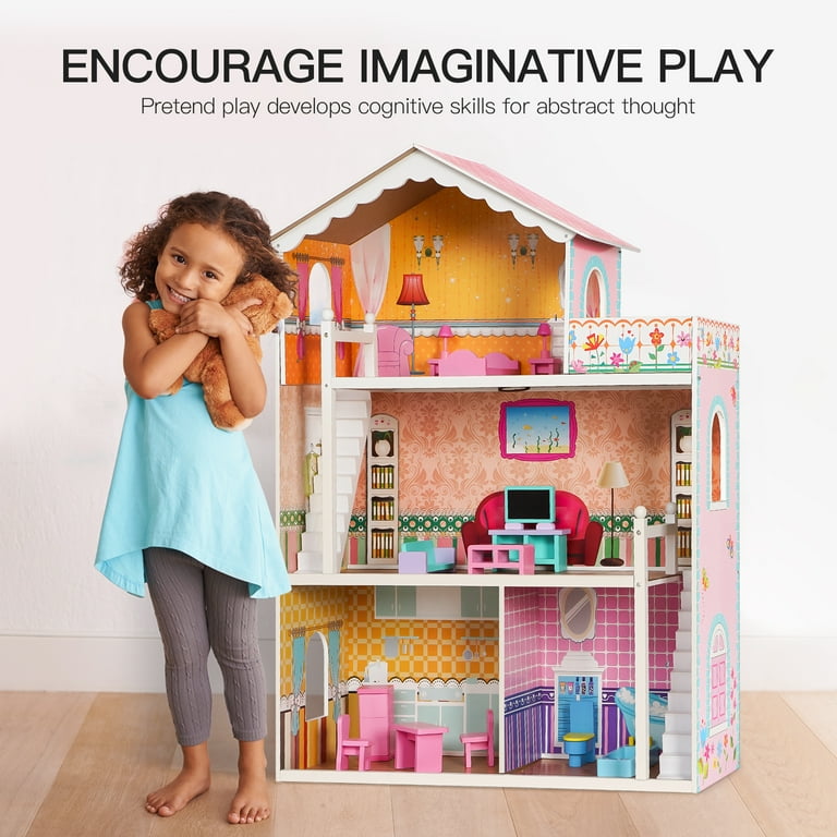 iRerts Doll Houses for Girls, Wooden Doll House with 15 Furniture