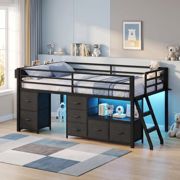 Toogaho Low Loft Bed with Storage Drawers,Metal Twin Size Loft Bed Frame with Bookcase, LED Lights and Under-Bed Play Space,Black