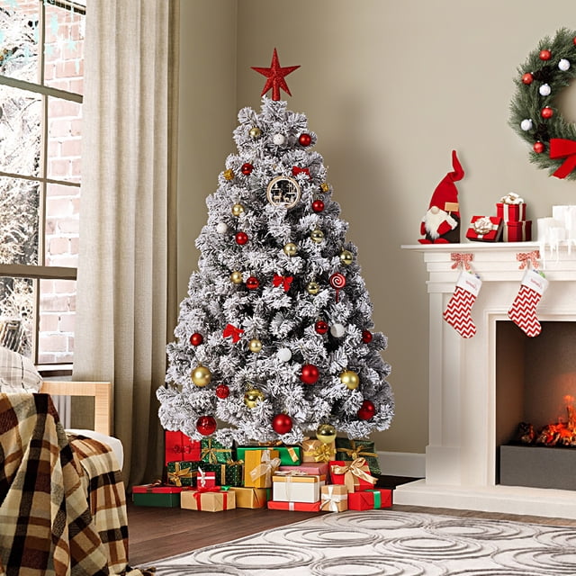 6ft Pre-Lit Artificial Christmas Tree with 250 Warm White LEDs, 710 Branch Tips, Pure PVC Holiday Tree with Metal Stand, Easy Assembly for Home, Office