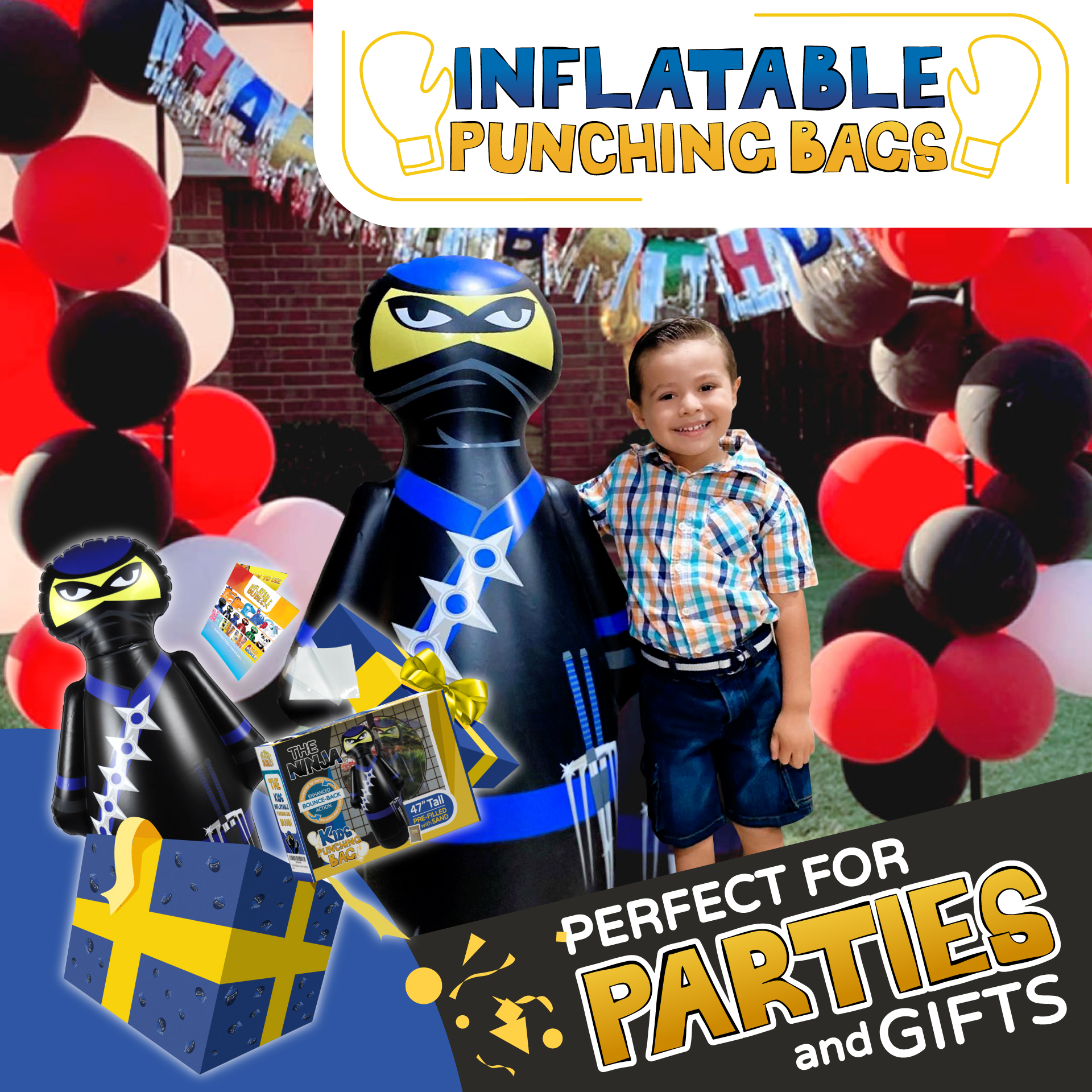 INFLATABLE DUDES Black and Blue Ninja 47 inches - Kids Punching Bag | Filled with Sand