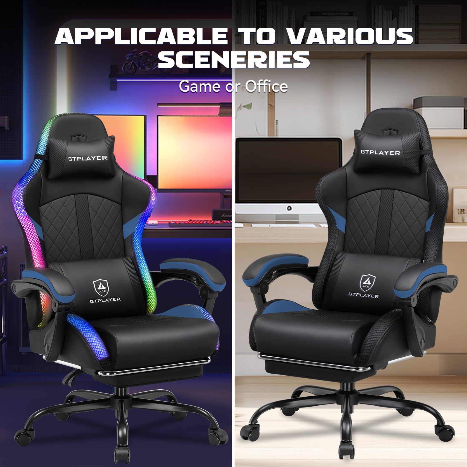 GTPLAYER RGB Gaming Chair with Speakers, Computer Gamer Chair with Footrest and LED Lights, Blue