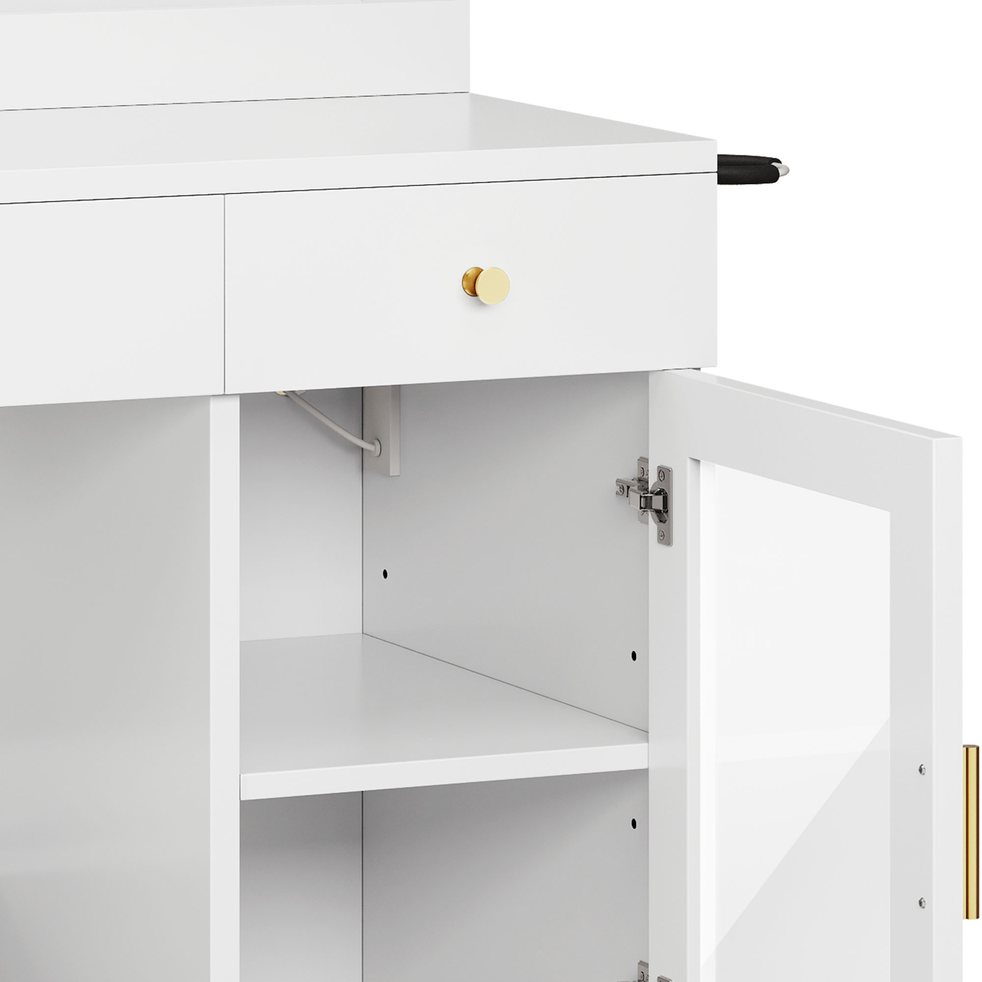Uforic White Vanity Desk with LED Light Mirror & Power Outlet , Makeup Vanity with Extral Foldable Panel, Vanity Table with RGB Cabinet for Bedroom